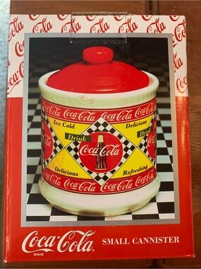 Enesco Coca-Cola Red and White Small Diner Flag Canister Vintage 1995